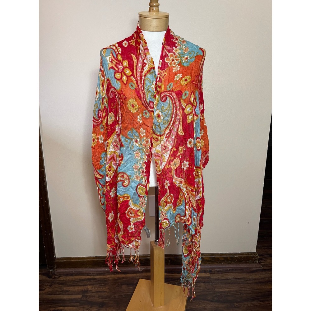 Spartina 449 Red Orange Blue Paisley Floral Viscose Fringe Wrap Scarf 72x22